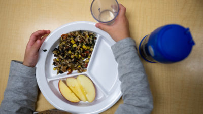 A plate partially empty. An overhead view showing grains and an apple and an empty glass held by a child.