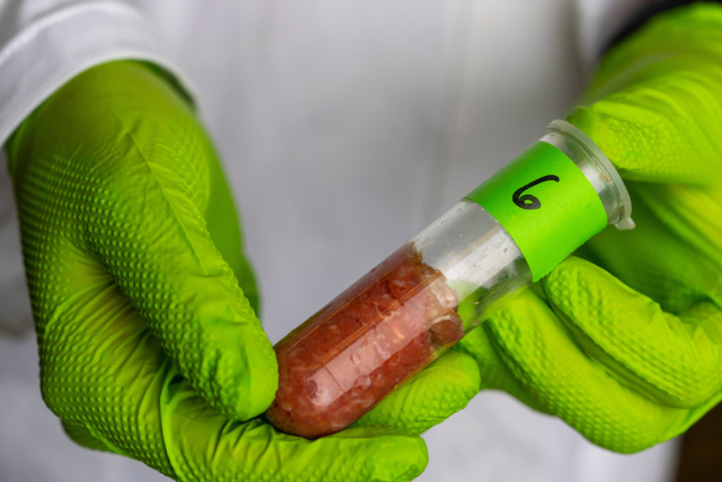 a pair of green gloved hands holds a test tube full of cured meat 