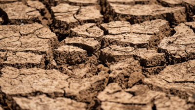 A close up of drought stricken earth. The brown land is cracked deeply.