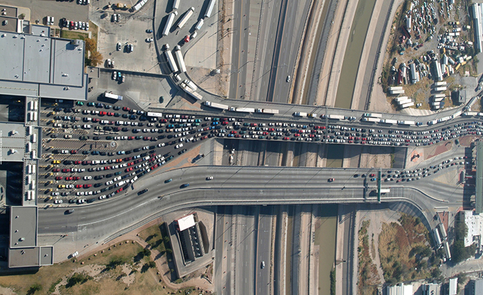 Aerial view of trucks crossing at Texas-Mexico border
