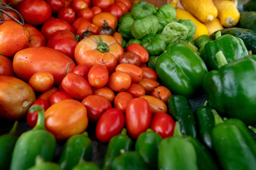 Verduras frescas en una mesa que incluye tomates rojos, tomates verdes y pimientos verdes.