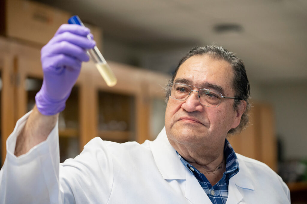 Alejandro Castillo, Ph.D., looks at a research specimen in his food safety lab.