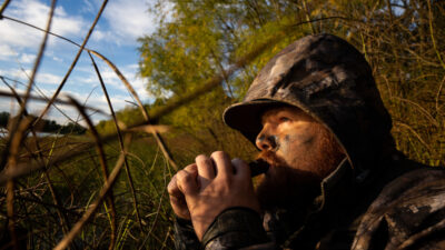 Man uses a duck call while hunting