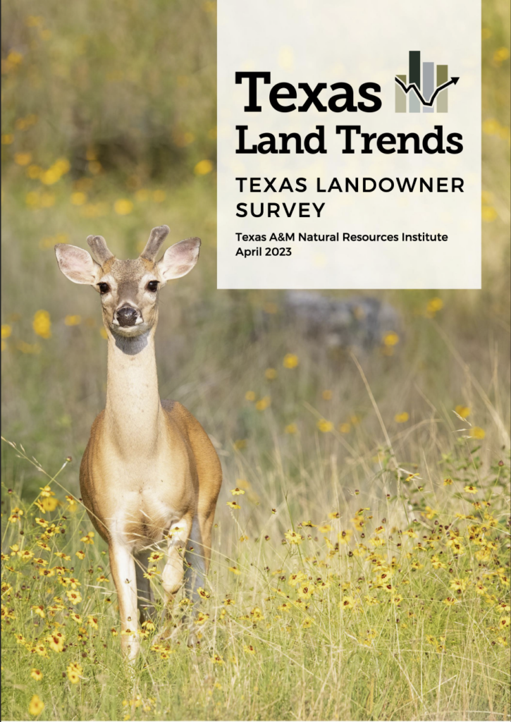 La portada de la Encuesta de Propietarios de Tierras de Texas de Texas Land Trends realizada por el Instituto de Recursos Naturales de Texas A&M publicada en abril de 2023