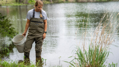 A young woman wearing waders and holding a bucket stands at the edge of a pond. Farm pond management is important for both livestock and aquaculture.
