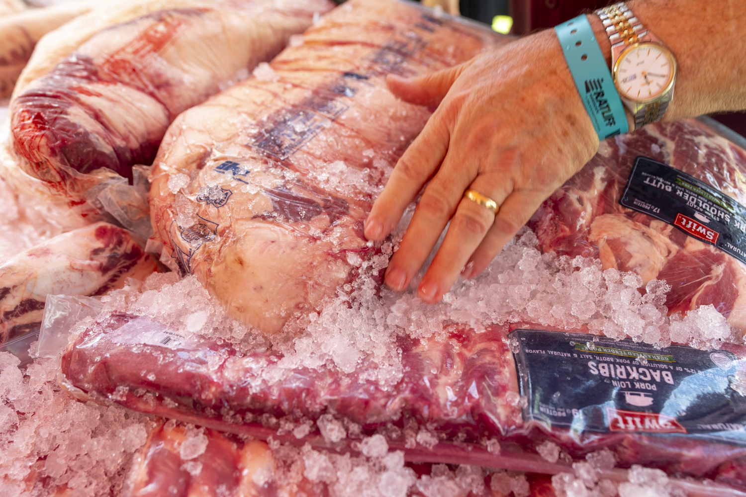 Raw cuts of meat are kept under ice during the Troubadour Festival