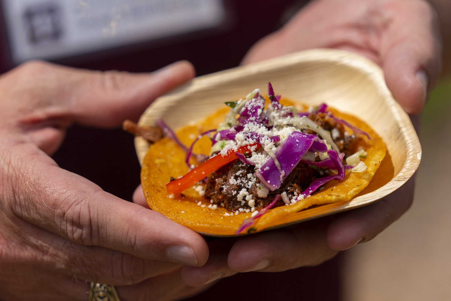 A guest at the the Troubadour Festival with a birria taco