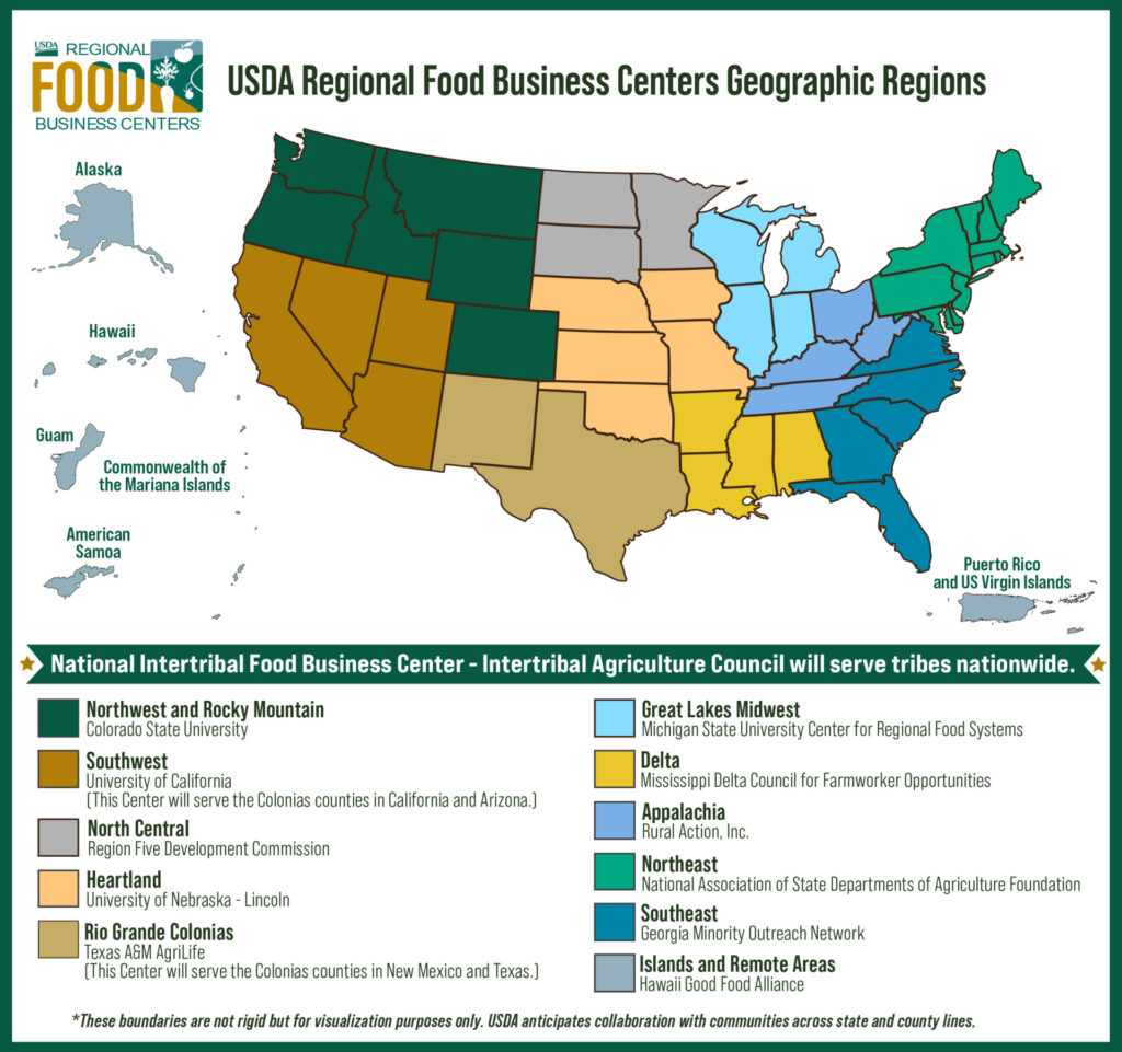 Mapa que muestra los límites de los 12 nuevos Centros Regionales de Negocios de Alimentos del USDA en los EE. UU. 