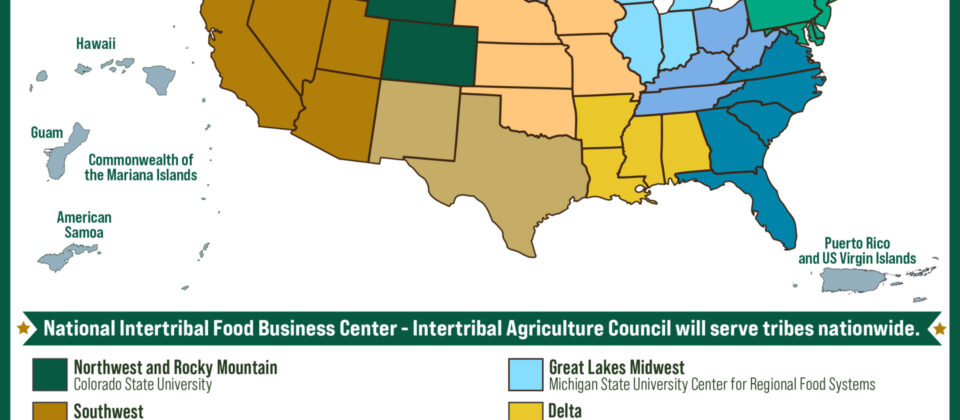 Map showing the boundaries of the 12 new USDA Regional Food Business Centers across the U.S.