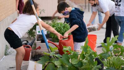 Children outside with red watering cans with raised garden beds growing vegetables.