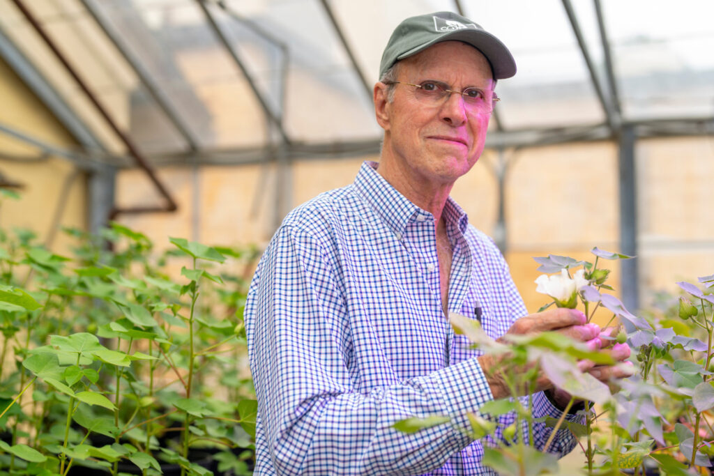 A man wearing glasses and a baseball cap stands in a greenhouse