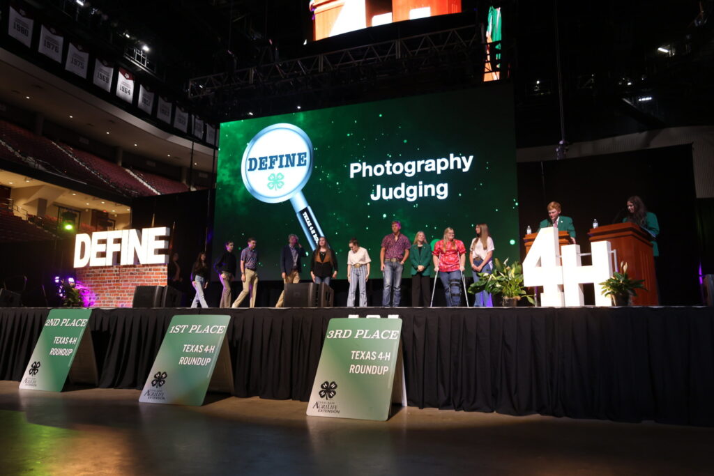 Group of 4-H members on stage with 'Define' theme prominent 