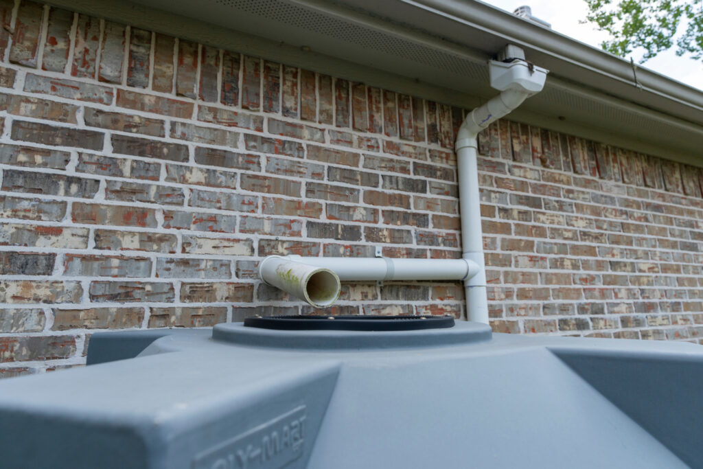 PVC pipe runs down the side of a house from the gutter into a rainwater collection tank