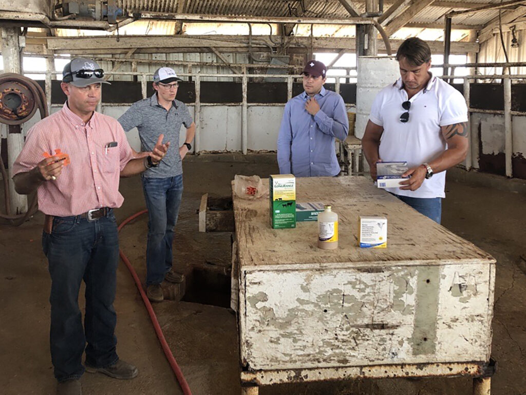 Four men stand in an arena with cattle chutes behind them and a table with pharmaceutical products in front of them.