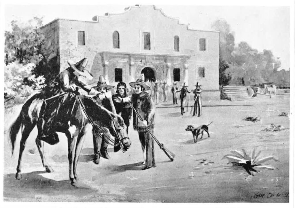 Black and white drawing of a horse courier delivering a message to a man with a rifle in front of The Alamo.
