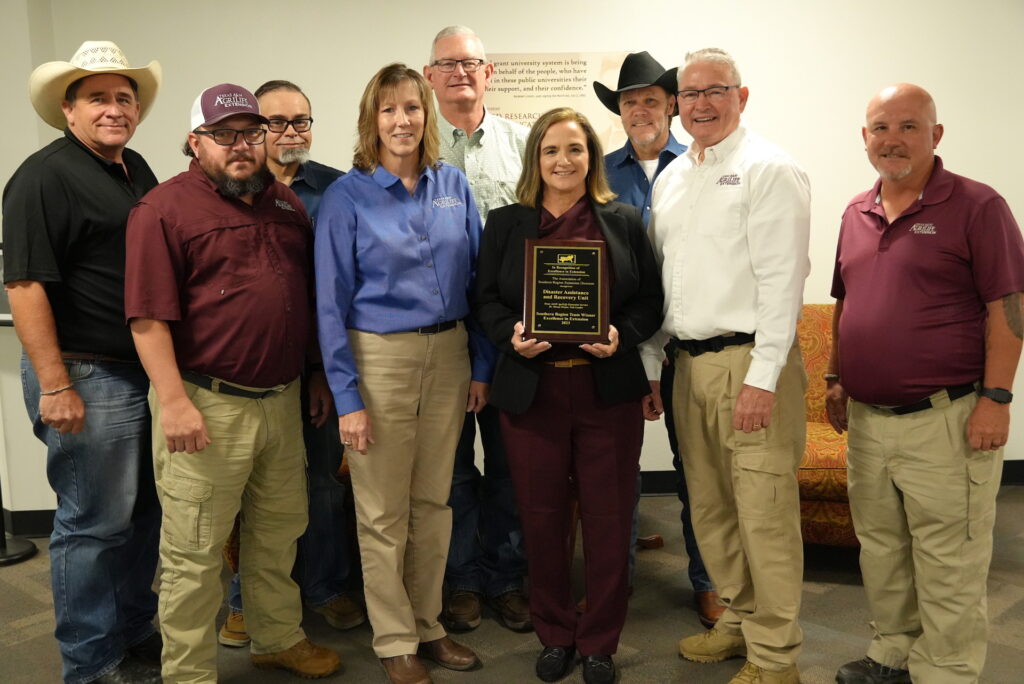 Nine individuals from the Texas A&M AgriLife Extension Service Disaster Assessment and Recovery leadership with the woman in the middle holding the award the team received.