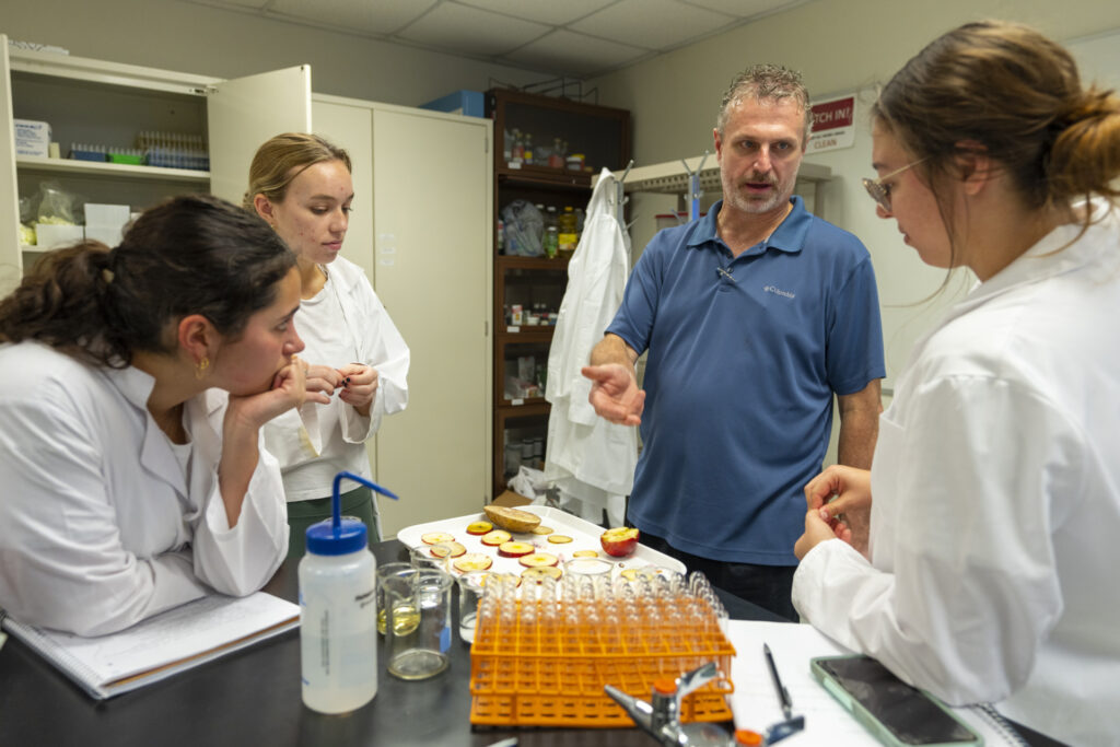 Three women and one man standing at a table in a lab with test tubes and slices of apple on the table that are being used in their project focusing on chronic disease prevention