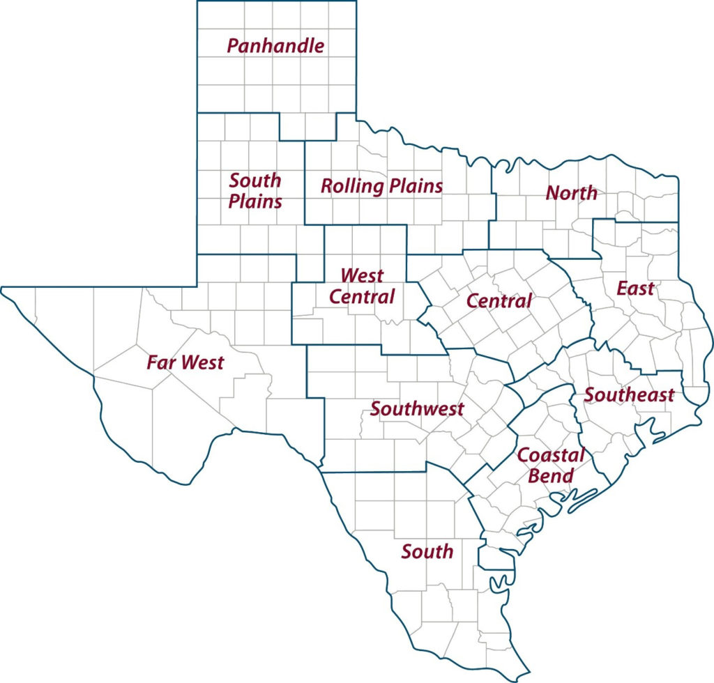 A map of Texas divided into regions