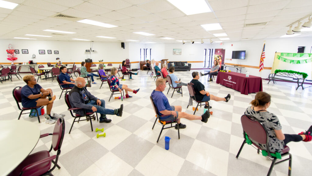 A group of people, sitting in chairs with one leg raised off the floor, take part in a Healthy South Texas resistance training exercise class
