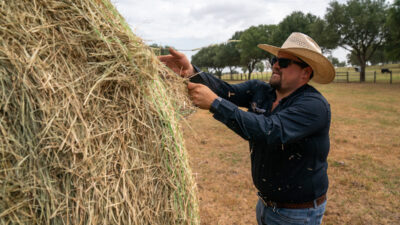 A man in a cowboy hat and sunglasses removes baling twine from a round bale of hay.