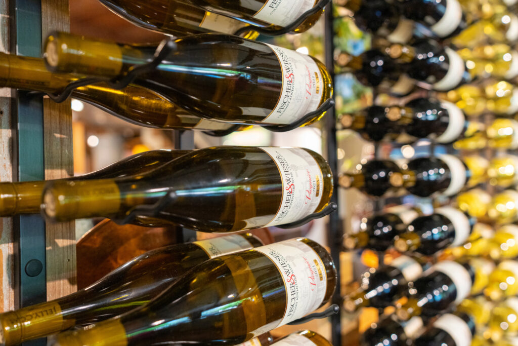 Rows of wine bottles. 