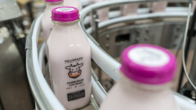 Milk bottles on the factory line on Thursday, Nov 16, 2023 in Gustine, Texas.