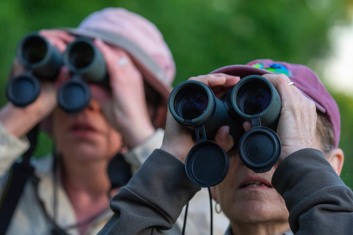 Two people look through binoculars during the 2023 Birding the Border.