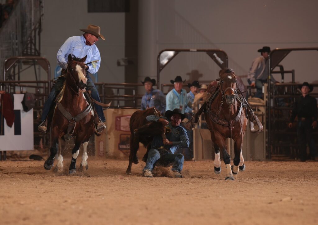 A cowboy on horseback hazing for a young steer wrestler.