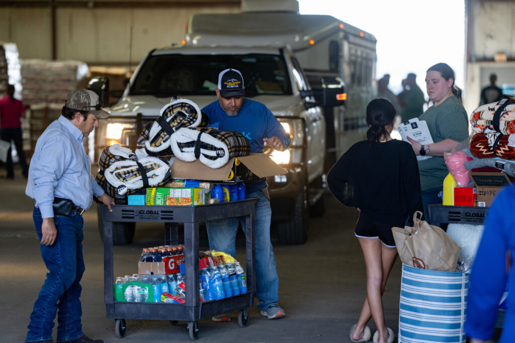 Items arrive at the supply point for human donations after the wildfires