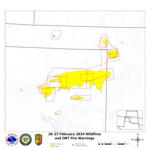 A wildfire alert map with polygons and yellow areas to depict wildfires and determine the locations of fire warning alerts during the recent wildfires in the Texas Panhandle