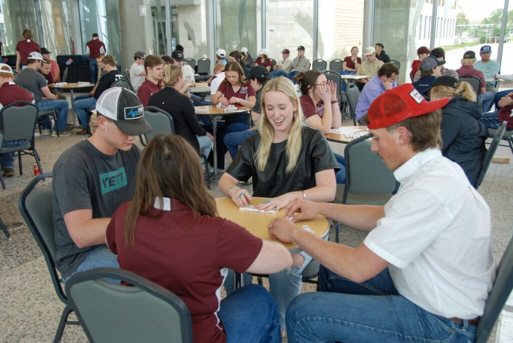 Members of the Student Council of the College of Agriculture and Life Science sit around a table playing dominoes.