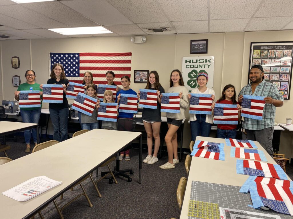 Texas 4-H members in Rusk County with components for Quilts of Valor quilts.