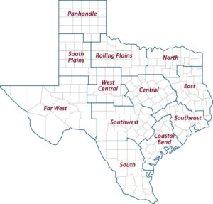 A map of the state of Texas divided into the 12 AgriLife Extension districts.  
