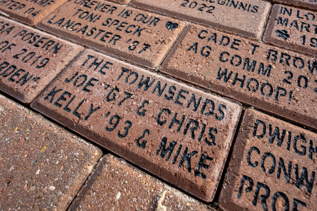 Commemorative bricks on a pathway with writing on them