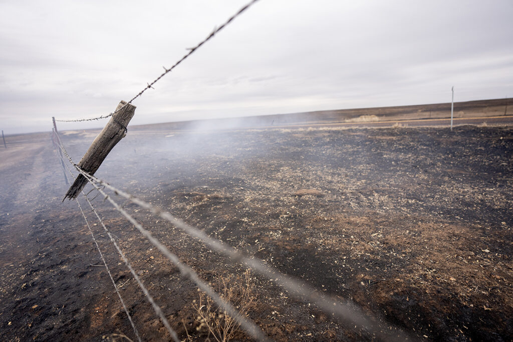Barbed wife fence that was destroyed by the wildfires in the Texas Panhandle. The ground is burned and part of the fence post is missing. Preliminary Texas Panhandle wildfire agriculture losses have topped $123 million