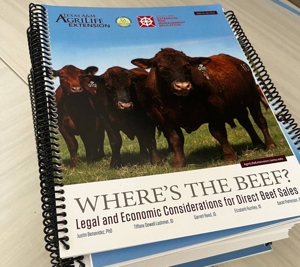 Cover of the Where's the Beef? handbook on direct beef sales. It features three cows and the title Where's The Beef? and the subtitle Legal and Economic Considerations for Direct Beef Sales.  