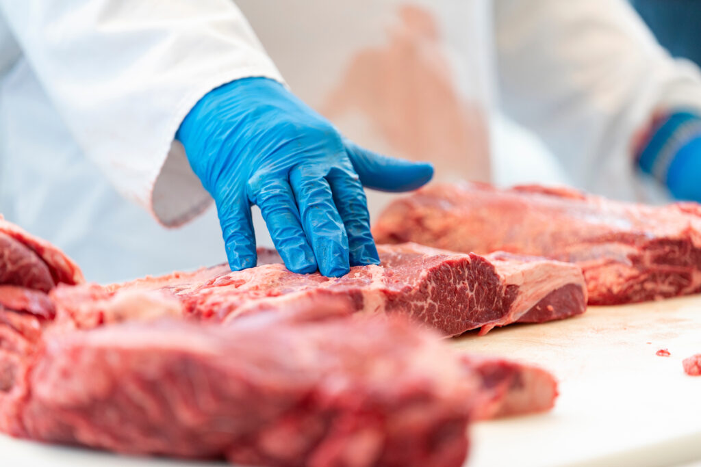 A person wearing a blue glove, touching a cut of meat that is sitting on a white table. There are several pieces of meat laying out on the able.