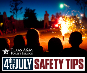 Image with the silhouettes of several individuals watching a fireworks display. The words Texas A&M Forest Service and 4th of July Safety Tips are imposed over the bottom of the picture. 