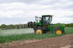 A tractor sprays a crop on a farm.