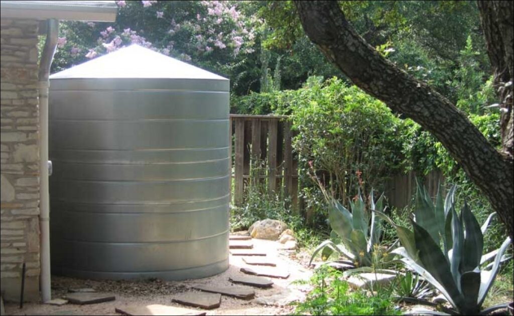 A large rain catchment system at a home.