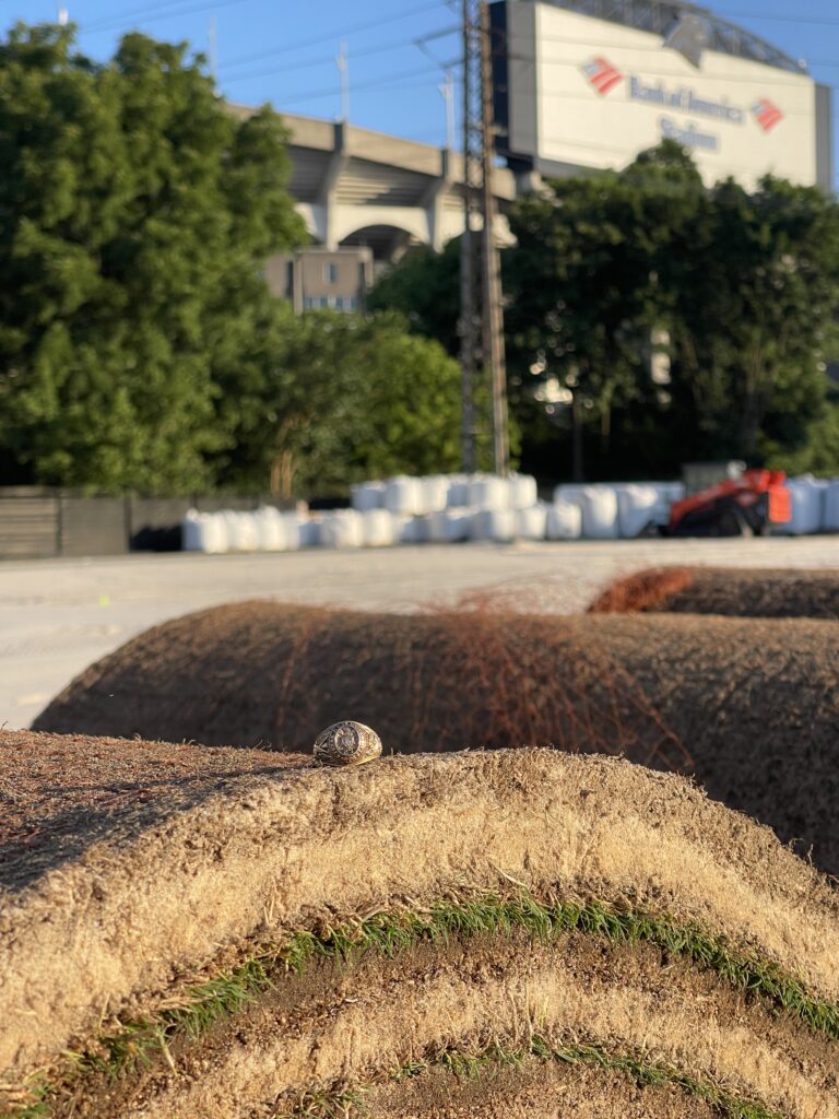 A gold ring sits on top of a roll of turf grass in front of the Bank of America stadium. 