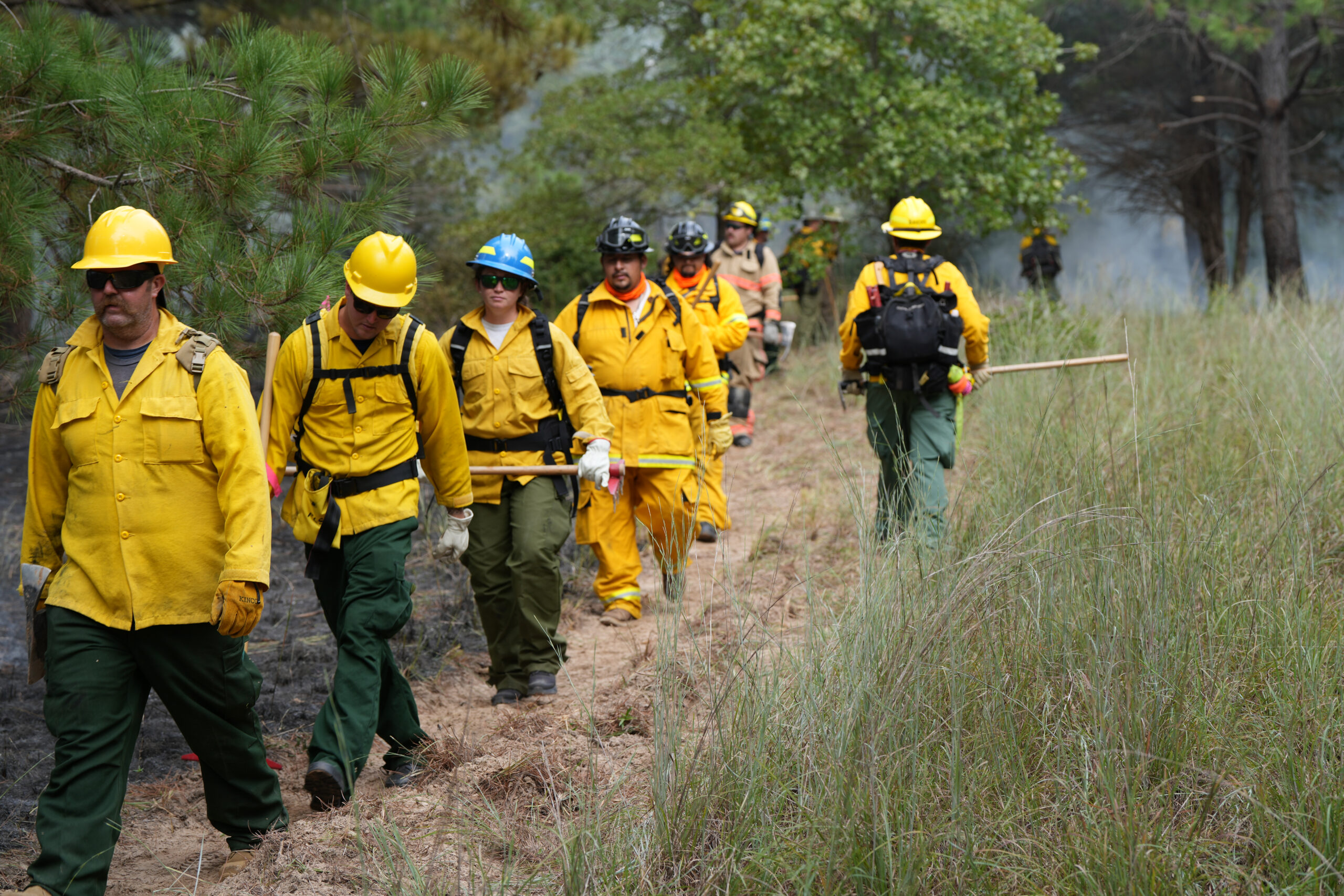 firefighters in yellow safety gear walk down a path