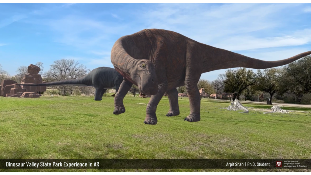 Two augmented reality-generated dinosaurs in a grassy area. 