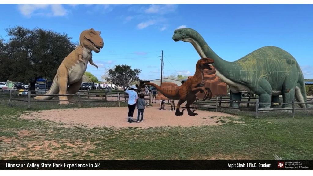 Visitors are standing and admiring augmented reality dinosaurs. 